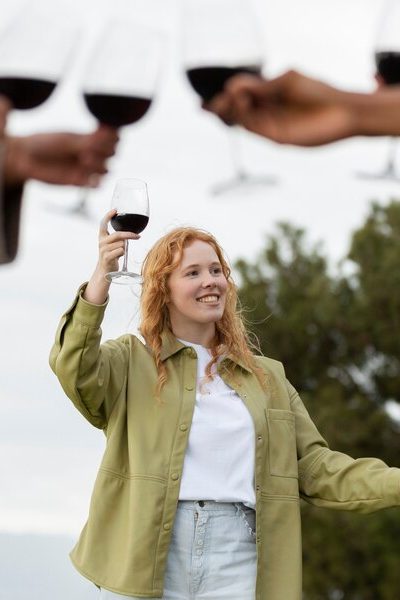 Friends toasting with glasses of wine during outdoor party