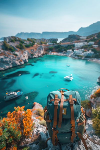 A traveling bag with a ocean view